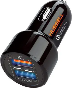 Hussell Car Charger Adapter - 3.0 Portable USB w/Fast Charge Technology & Dual Ports - Compatible w/ iPhone Android Tablet or Other USB Device - White Elephant Stocking Stuffers