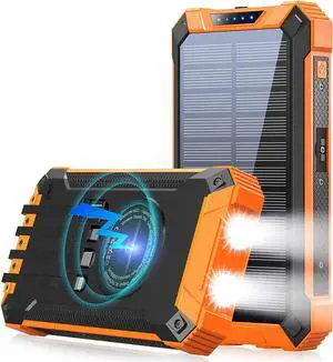 Solar Power Bank 36000mAh Built-in 4 Cables Qi Wireless Charger with Dual LED Flashlight Solar Portable External Battery IPX4 Waterproof 15W 5V/3A USB C Port Six Outputs Three Inputs(Orange)