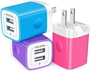 3Pack AILKIN Fold Wall Charger, USB Charging Plug, AC Adapter Cube Fast Charging Block Box for iPhone SE/11Pro Max/XS/XR/10/8/7/6S/6S Plus, Samsung Galaxy Edge, LG, HTC, One Plus, Moto, Kindle