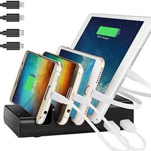 Charging Station 4 Port USB Charging Station Included 4 Short Mixed Cables - Compatible Ipad iPhone Samsung Smartphone - Desktop Cell Phone Charge Stand & Multiple USB Charger Docking Organizer