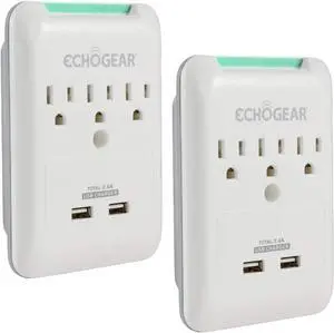 ECHOGEAR Outlet Extender Multiplug 2 Pack with 3 AC Outlets & 2 USB Ports  Low Profile Design Sits Just 1.1" from Wall - Protects Your Gear with 540 Joules of Surge Protection