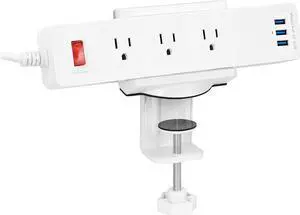 Mount-It! Power Strip Holder Clamp Desk Mount with Included Surge Protector | White Desktop Power Outlet with 3 USB Ports and 3 AC Power Outlets | Adjustable Power Strip Clamp Mount