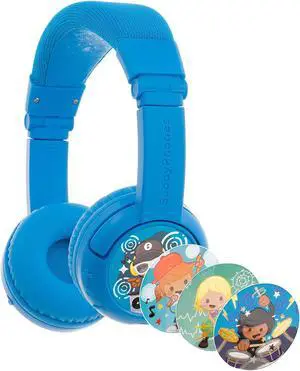 BuddyPhones Play Plus | Wired or Wireless Foldable Bluetooth Kids Headphones + Microphone - SafeAudio Volume-Limiting Options, Voice Enhancing Study Mode + Answer/Playback Button (Cool Blue)