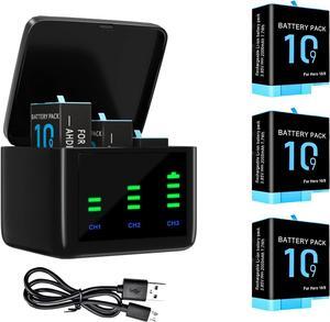 Bonadget 2000mAh 3-Pack Battery and 3-Channel Storage Charger for Gopro Hero 10/9 with USB & Type-C Charging Port Compatible with Gopro Hero 10 Black Battery and Charger Bundle with LED Display Screen