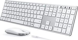 Wireless Bluetooth Keyboard and Mouse Combo (USB + Dual BT),  Multi-Device Rechargeable Slim Keyboard and Mouse, Compatible for Win 7/8/10, MacBook Pro/Air, iPad, Tablet - White Silver
