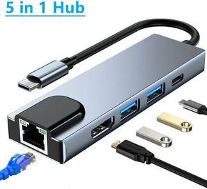 USB C Hub 5-in-1 with HDMI & Ethernet & Power Delivery, 2 USB 3.0 Ports, 1 USB Type C 3.0 Port, 1 HDMI 4K Port, 1 Gigabit Ethernet Port MAC Windows