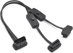 iKKEGOL OBD2 OBDII 1 to 2 Ultra Low Profile 16 Pin Male to Female Y Splitter Cord Diagnostic Extension Cable with Individually Power Switch 50cm / 20"