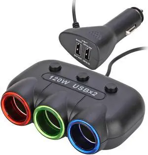 120W 2 Dual 12V USB Port Car Cigarette Lighter 3 Socket Power Charger Adapter