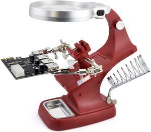 iKKEGOL 10 LED Lighting 3X Main Lens 4.5X Accessorial Lens White Auxiliary Alligator Clip Magnifier Third Hand Soldering Solder Iron Stand (Red)