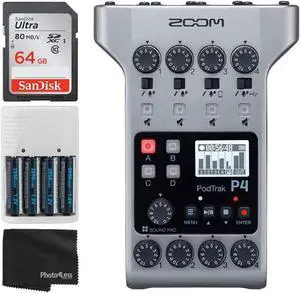 PodTrak P4 Portable Multitrack Podcast Recorder + 64GB Ultra SDXC Memory Card + 4X AA Batteries & Charger + Cleaning Cloth  Ultimate Podcasting Bundle