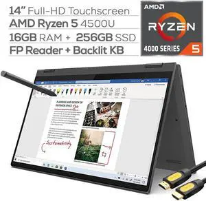 Lenovo Flex 5 2-in-1 Touchscreen Laptop 14" FHD AMD Ryzen 5-4500U 4.0 GHz 16GB DDR4 RAM 256GB SSD FP Reader Backlit KB Type-C HDMI WiFi Webcam Digital Pen Mytrix HDMI Cable Win 10
