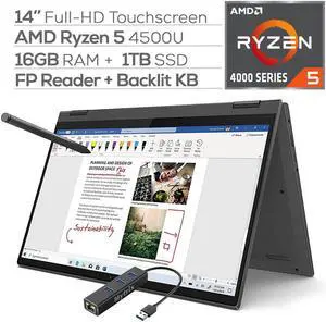Lenovo Flex 5 2-in-1 Touchscreen Laptop 14" FHD AMD Ryzen 5-4500U 4.0 GHz 16GB DDR4 RAM 1TB SSD FP Reader Backlit KB Type-C HDMI WiFi Webcam Digital Pen Mytrix Ethernet Hub Win 10