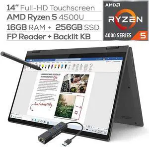 Lenovo Flex 5 2-in-1 Touchscreen Laptop 14" FHD AMD Ryzen 5-4500U 4.0 GHz 16GB DDR4 RAM 256GB SSD FP Reader Backlit KB Type-C HDMI WiFi Webcam Digital Pen Mytrix Ethernet Hub Win 10