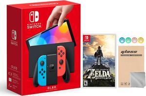2021 New Nintendo Switch OLED Model Neon Red  Blue Joy Con 64GB Console HD Screen  LANPort Dock with The Legend of Zelda Breath of the Wild And Mytrix Joystick Caps  Screen Protector