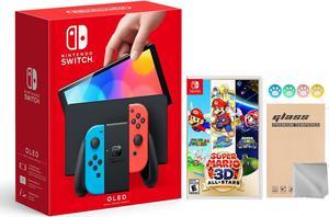2021 New Nintendo Switch OLED Model Neon Red  Blue Joy Con 64GB Console HD Screen  LANPort Dock with Super Mario 3D AllStars And Mytrix Joystick Caps  Screen Protector