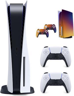 PlayStation New 825GB SSD Console Disc Drive Version with Wireless Controller and Mytrix Purple Orange Fade Full Body Skins for PS-5 Disc Version Console and Two Controllers