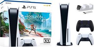 PlayStation 5 Disc Edition Horizon Forbidden West Bundle with Two Controllers White and Midnight Black DualSense and Mytrix Dual Controller Charger