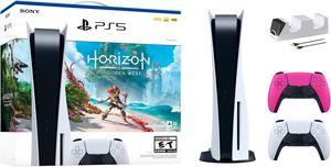 PlayStation 5 Disc Edition Horizon Forbidden West Bundle with Two Controllers White and Nova Pink DualSense and Mytrix Dual Controller Charger