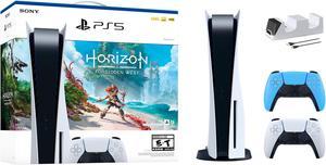 PlayStation 5 Disc Edition Horizon Forbidden West Bundle with Two Controllers White and Starlight Blue DualSense and Mytrix Dual Controller Charger