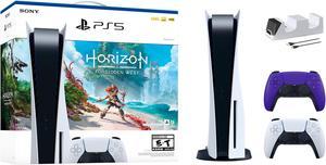 PlayStation 5 Disc Edition Horizon Forbidden West Bundle with Two Controllers White and Galactic Purple DualSense and Mytrix Dual Controller Charger