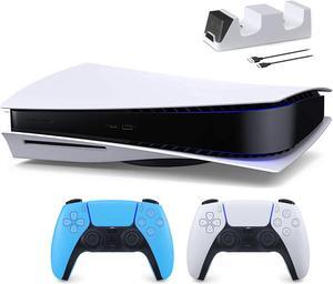 PlayStation 5 Disc Edition with Two Controllers White and Starlight Blue DualSense and Mytrix Dual Controller Charger