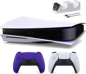 PlayStation 5 Disc Edition with Two Controllers White and Galactic Purple DualSense and Mytrix Dual Controller Charger