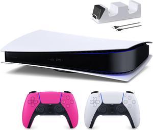 PlayStation 5 Digital Edition with Two Controllers White and Nova Pink DualSense and Mytrix Dual Controller Charger