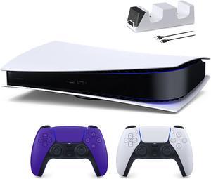 PlayStation 5 Digital Edition with Two Controllers White and Galactic Purple DualSense and Mytrix Dual Controller Charger