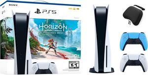 PlayStation 5 Disc Edition Horizon Forbidden West Bundle with Two Controllers White and Starlight Blue DualSense and Mytrix Hard Shell Protective Controller Case