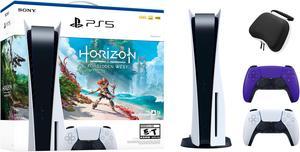 PlayStation 5 Disc Edition Horizon Forbidden West Bundle with Two Controllers White and Galactic Purple DualSense and Mytrix Hard Shell Protective Controller Case