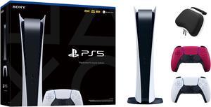 PlayStation 5 Digital Edition with Two Controllers White and Cosmic Red DualSense and Mytrix Hard Shell Protective Controller Case
