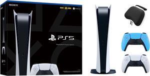 PlayStation 5 Digital Edition with Two Controllers White and Starlight Blue DualSense and Mytrix Hard Shell Protective Controller Case