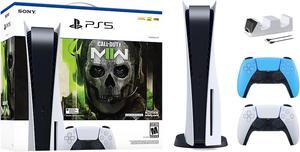 PlayStation 5 Disc Edition Call of Duty Modern Warfare II Bundle with Two Controllers White and Starlight Blue DualSense and Mytrix Dual Controller Charger