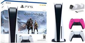 PlayStation 5 Disc Edition God of War Ragnarok Bundle with Two Controllers White and Nova Pink DualSense and Mytrix Dual Controller Charger