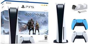 PlayStation 5 Disc Edition God of War Ragnarok Bundle with Two Controllers White and Starlight Blue DualSense and Mytrix Dual Controller Charger