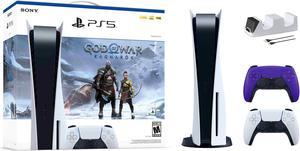 PlayStation 5 Disc Edition God of War Ragnarok Bundle with Two Controllers White and Galactic Purple DualSense and Mytrix Dual Controller Charger