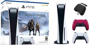 PlayStation 5 Disc Edition God of War Ragnarok Bundle with Two Controllers White and Cosmic Red DualSense and Mytrix Hard Shell Protective Controller Case