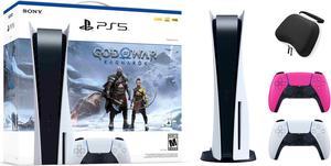 PlayStation 5 Disc Edition God of War Ragnarok Bundle with Two Controllers White and Nova Pink DualSense and Mytrix Hard Shell Protective Controller Case