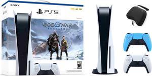PlayStation 5 Disc Edition God of War Ragnarok Bundle with Two Controllers White and Starlight Blue DualSense and Mytrix Hard Shell Protective Controller Case
