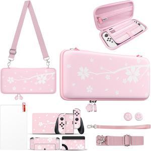 Mytrix Pink Cherry Blossoms Carrying Case 4 in 1 Bundle for Nintendo Switch OLED, Portable Hard Shell Pouch, Sakura NS OLED Skin Stickers, 9H Tempered Glass Screen Protector, 2 Sakura Joystick Caps
