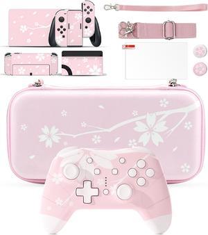 Mytrix Sakura Cherry Pink Wireless Switch Pro Controller and Cherry Travel Case and Accessory 5 in 1 Bundle for the Newest Switch OLED