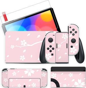 Mytrix Full Body Sakura Cherry Skin Sticker Set and Tmepered Glass Screen Protector for OLED Nintendo Switch, Decal Sticker Wrap Cover, For Switch OLED Console Faceplate Dock Grip JoyCon - Cherry