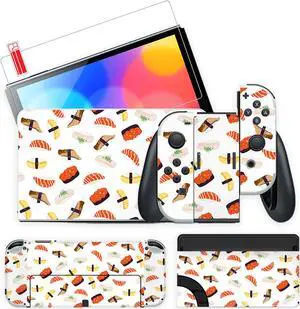 Mytrix Full Body Sushi Skin Sticker Set and Tmepered Glass Screen Protector for OLED Nintendo Switch, Decal Sticker Wrap Cover, For Switch OLED Console Faceplate Dock Grip And JoyCon - Sushi