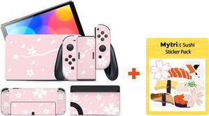 Mytrix Full Body Cherry Skin Set & 10P Sushi Sticker Pack for OLED Nintendo Switch, Decal Wrap Cover, For Switch OLED Console Faceplate Dock Grip And JoyCon - Sakura Cherry Skin Set & 10 Pcs Sticker