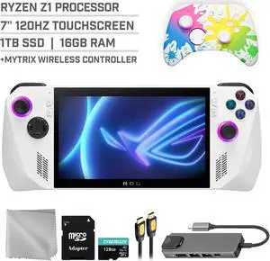 ASUS ROG Ally 1TB Gaming Handheld 7-inch Touchscreen 120Hz FHD 1080p AMD Ryzen Z1 Processor, Mytrix Inkjet Wireless Pro Controller, Hub, 128GB MicroSD Card, 5 Accessories: 6 in 1 Bundle