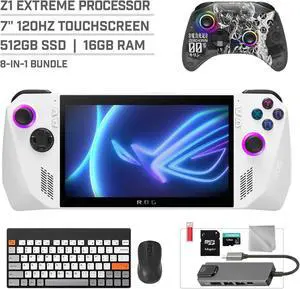 ASUS ROG Ally 512GB Gaming Handheld 7-inch Touchscreen 120Hz FHD 1080p AMD Ryzen Z1 Extreme Processor, Mytrix Zero-Kirin Wireless Pro Controller, Hub, 128GB MicroSD, Keyboard & Mouse, 8 in 1 Bundle