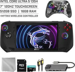 MSI Claw A1M 512GB Gaming Handheld 7-inch Touchscreen 120Hz FHD 1080p Intel Core Ultra 5 Processor, Mytrix Zero-Kirin Wireless Pro Controller, Hub, 128GB MicroSD Card, 5 Accessories: 6 in 1 Bundle