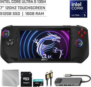 MSI Claw A1M 512GB Gaming Handheld 7-inch Touchscreen 120Hz FHD 1080p Intel Core Ultra 5 135H Processor, Mytrix Hub, 128GB MicroSD Card, 4 Accessories: 5 in 1 Bundle