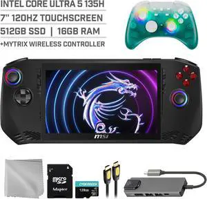 MSI Claw A1M 512GB Gaming Handheld 7-inch Touchscreen 120Hz FHD 1080p Intel Core Ultra 5 135H Processor, Mytrix Black Ice Wireless Pro Controller, Hub, 128GB MicroSD Card, 5 Accessories: 6 in 1 Bundle