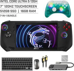 MSI Claw A1M 512GB Gaming Handheld 7-inch Touchscreen 120Hz FHD 1080p Intel Core Ultra 5 135H Processor, Mytrix Black Ice Wireless Pro Controller, Hub, Keyboard & Mouse Combo, 7 in 1 Bundle